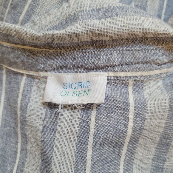 Sigrid Olsen Womens Striped Short Sleeve Button Tab Blouse Blue & White Linen La - Picture 4 of 7